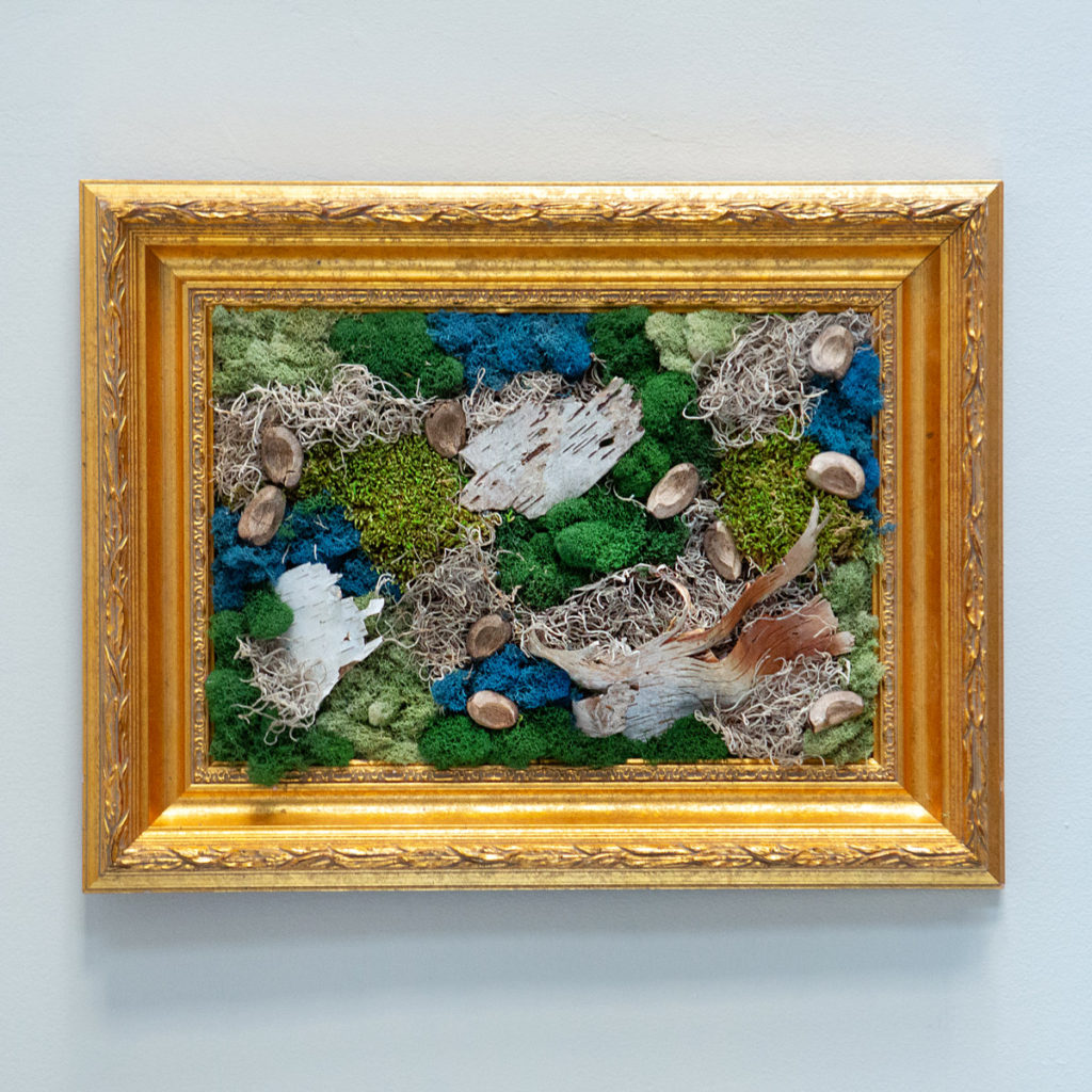 Custom 17x22 Green and Blue Preserved Dyed Moss Wall Art in a Gold Antique Vintage Picture Frame