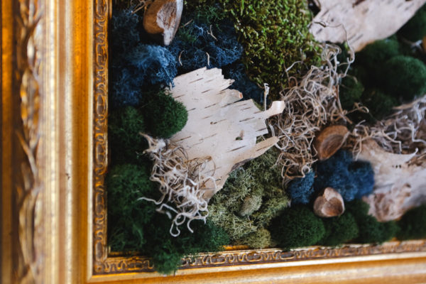 Custom Green and Blue Preserved Moss Wall Art in a Gold Antique Vintage Picture Frame Detail