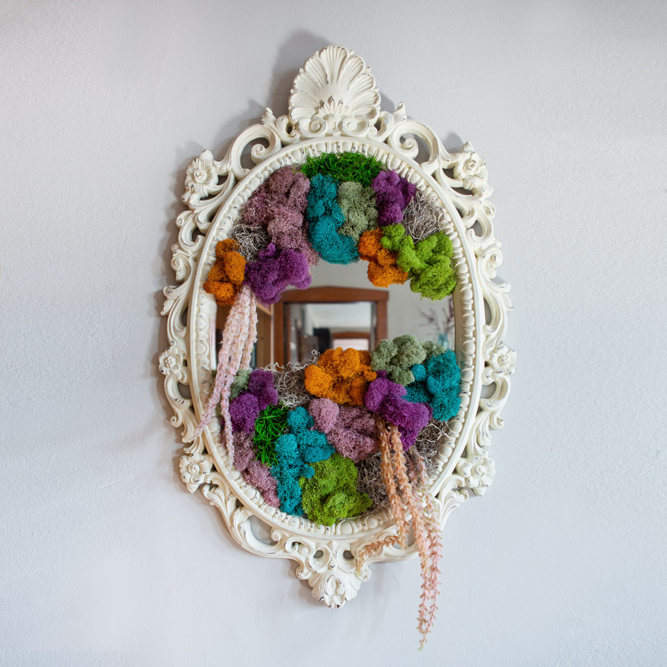 Custom Handcrafted Colorful Preserved Dyed Moss Wall Art in a Oval White Decorative Mirror