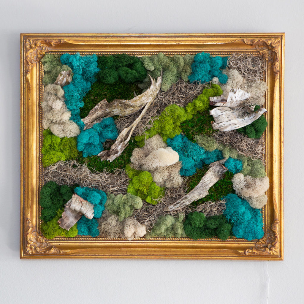 Handcrafted Blue and Green Custom Moss Wall Art with Natural Birch in a Gold Antique Picture Frame