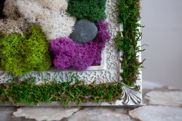 Handcrafted Custom Purple Green and Cream Dyed Preserved Moss Wall Art in a 10x8 Picture Frame Detail