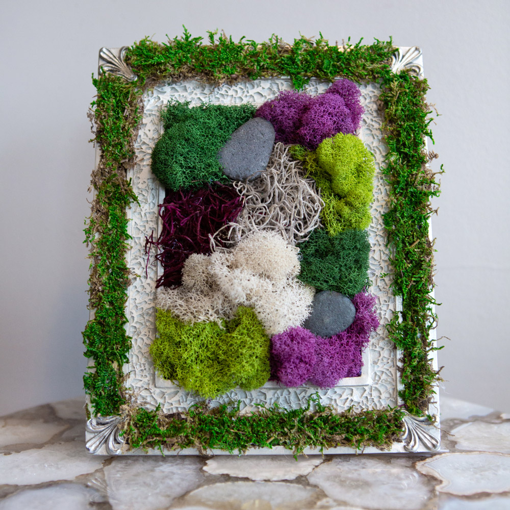 Handcrafted Custom Purple Green and Cream Dyed Preserved Moss Wall Art in a 10x8 Picture Frame