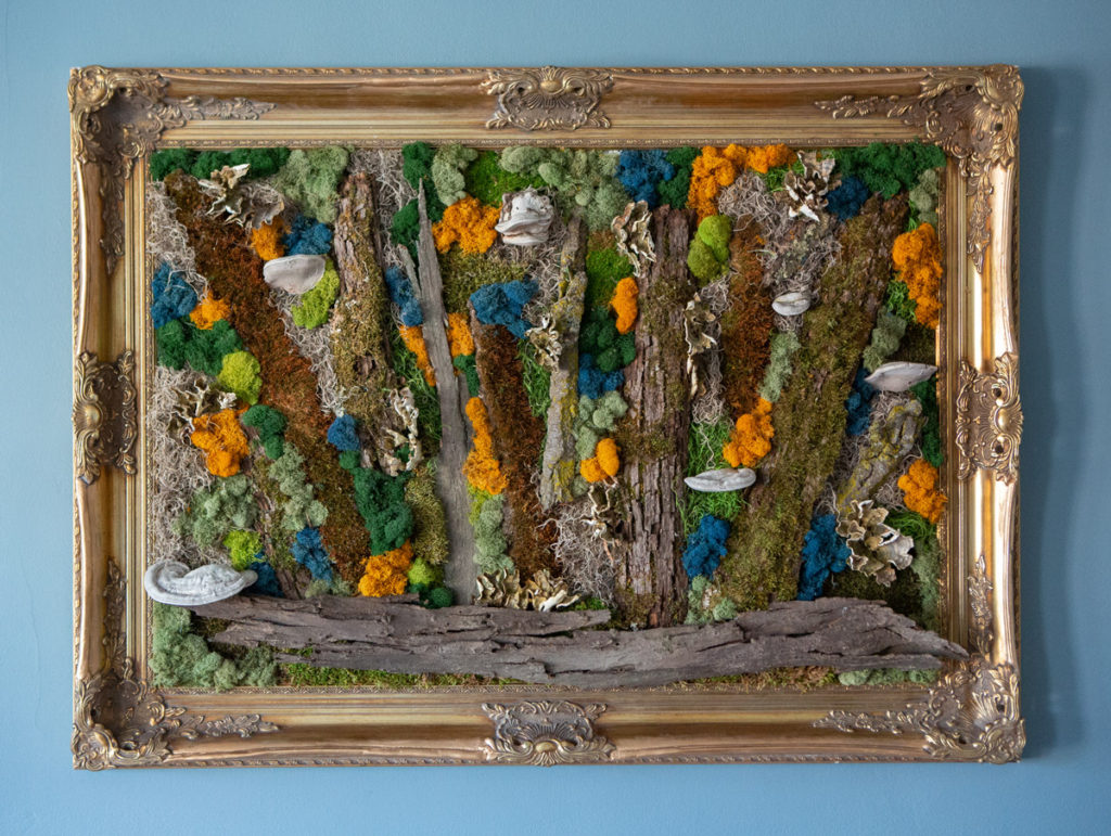 one of a kind hand crafted dyed moss wall art in a gold antique frame